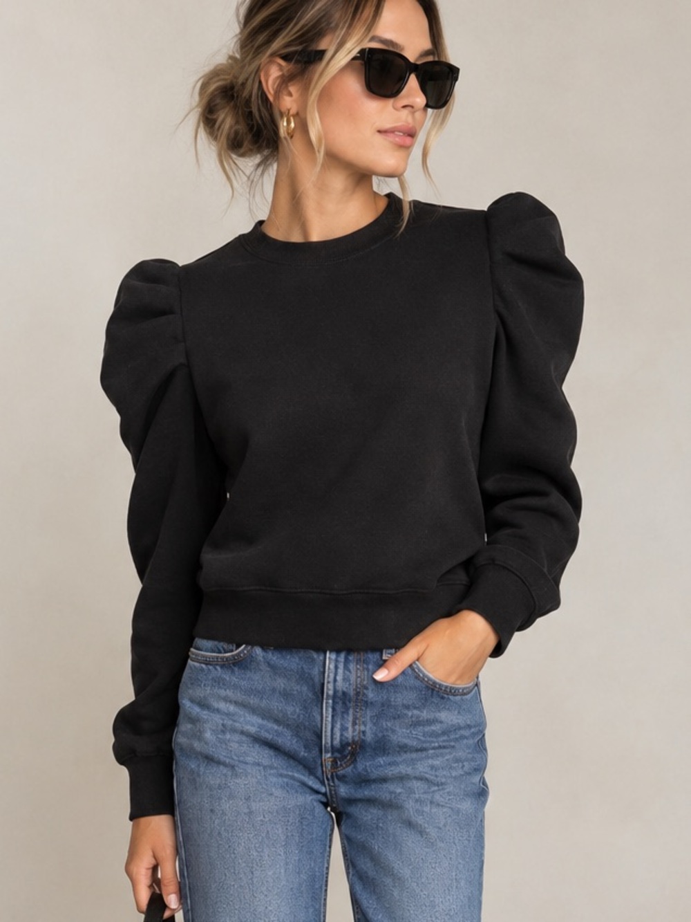 Rebecca Minkoff Black Puff Sleeve Crewneck Sweatshirt size Small
